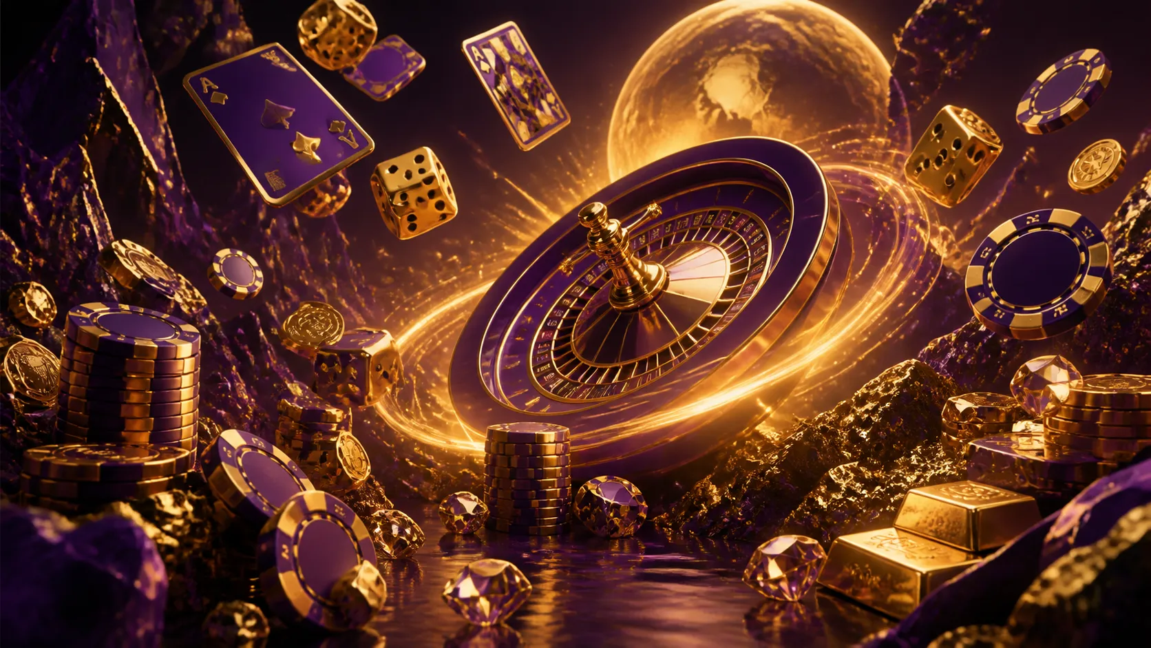 A luxurious hero banner featuring a cyberpunk-inspired casino scene with glowing poker chips and a neon roulette wheel, emana